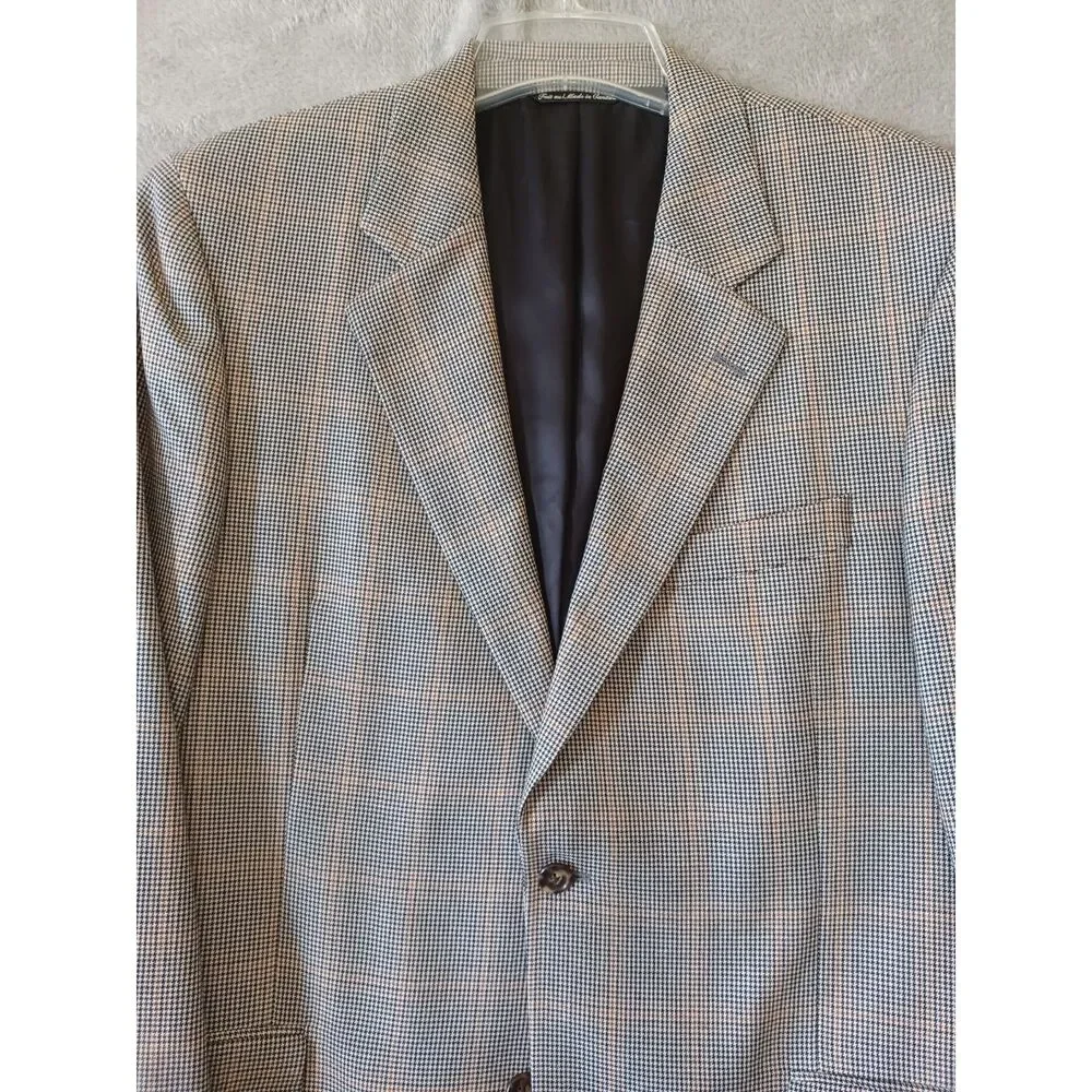 Jack Victor Loretowood Blazer Micro Houndstooth Plaid Cashmere Silk 42L Beige